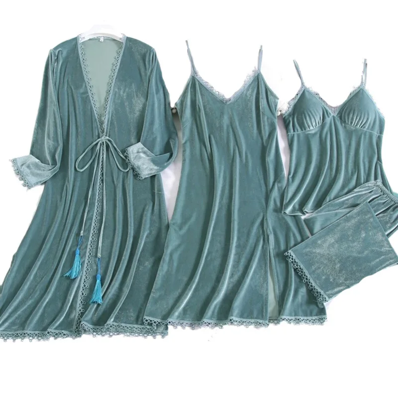 

Sexy Home Clothing Female Nightwear 4PCS Pajamas Suit Velour Kimono Bathrobe Gown Intimate Lingerie Burgundy Sleepwear