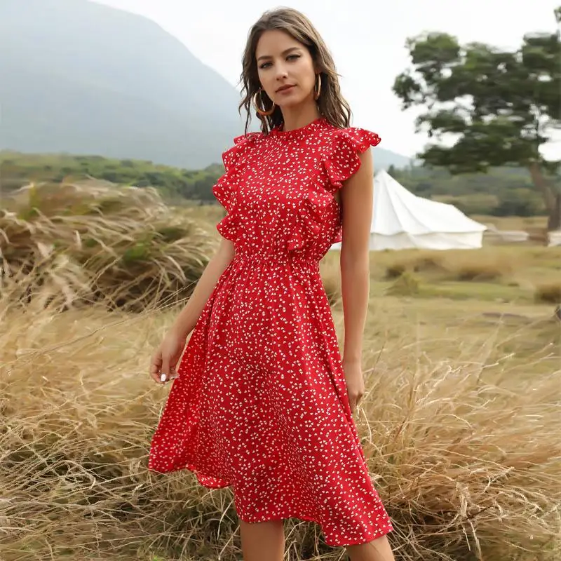 

2021 Vintage Summer Women Dot Print Dress Butterfly Sleeve Long A-Line Ladies Dress Ruffles Neck Female Chiffon Midi Dresses