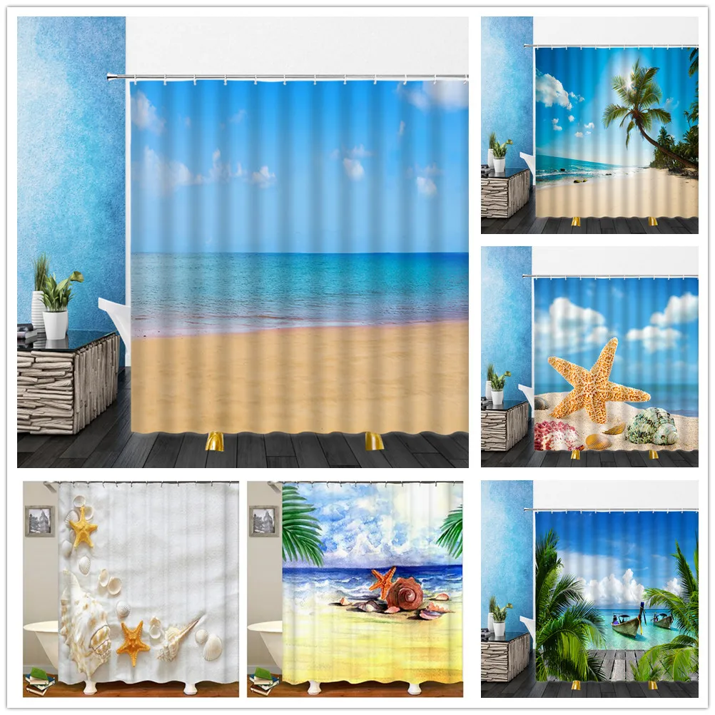 

Занавеска для душа с изображением морского моря пляжа волны ракушек кокосовой пальмы занавеска для ванной комнаты домашний декор занавеск...