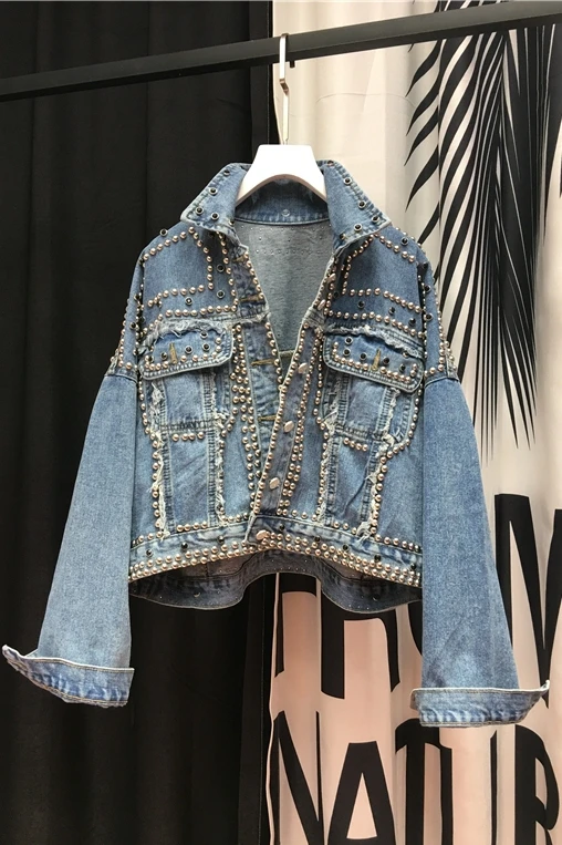 

Diamond Beaded Denim Jacket Women Retro Loose-Fit Cropped Denim Jacket Women's Spring Autumn New Jean Jacket Coat Blue Femme