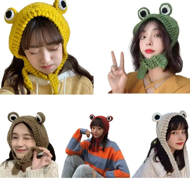 

Cute Frog Eye Weave Knit Skullies Beanie Hat Solid Color Winter Warm Earflap Cap