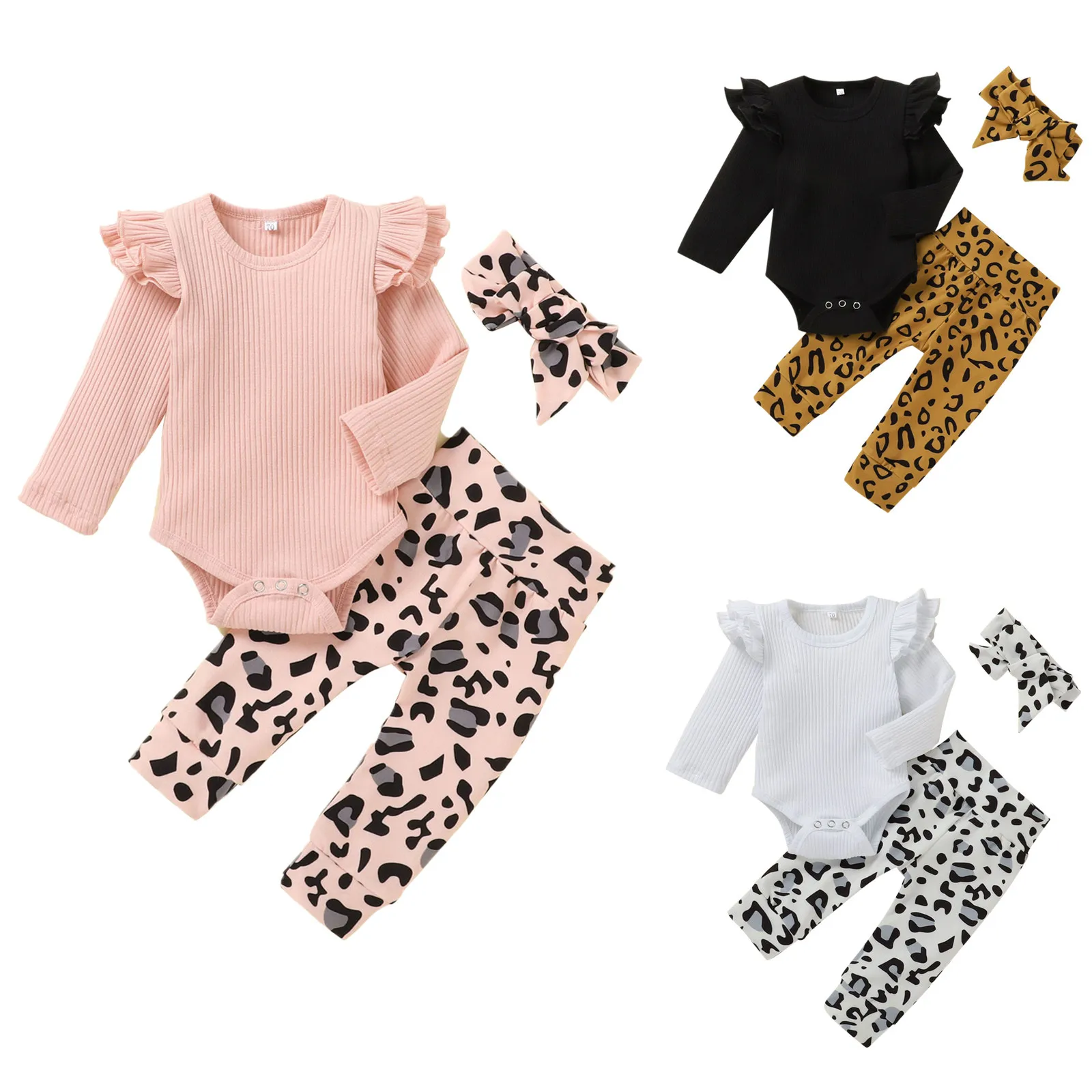

Комплект одежды для маленьких мальчиков и девочек, однотонный топ с леопардовым принтом для новорожденных, штаны и повязка на голову, компл...