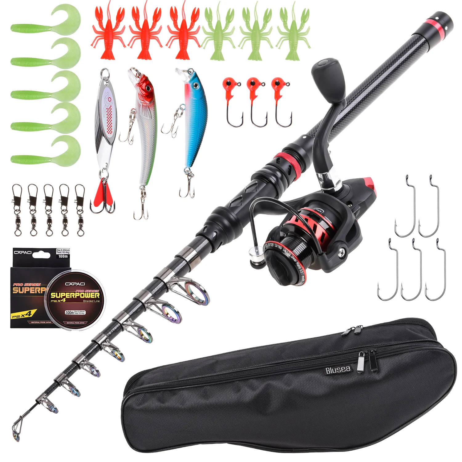 Fishing Rod Reel Combo Carbon Fiber Telescopic Fishing Rod Spinning Reel Combo Carrier Fishing Lures Jig Hooks Swivels Full Kit