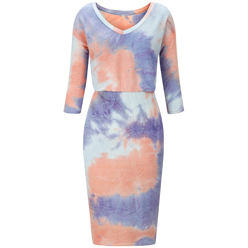 

Women's Autumn V Neck Tie dye Print Full Sleeve Slim Sheath Fashion Casual Party Dress