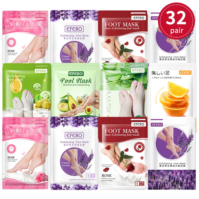 

32pairs EFERO Exfoliating Foot Peeling Socks for Pedicure Foot Mask Feet Mask Peel Dead Skin Whitening Feet Care for Legs