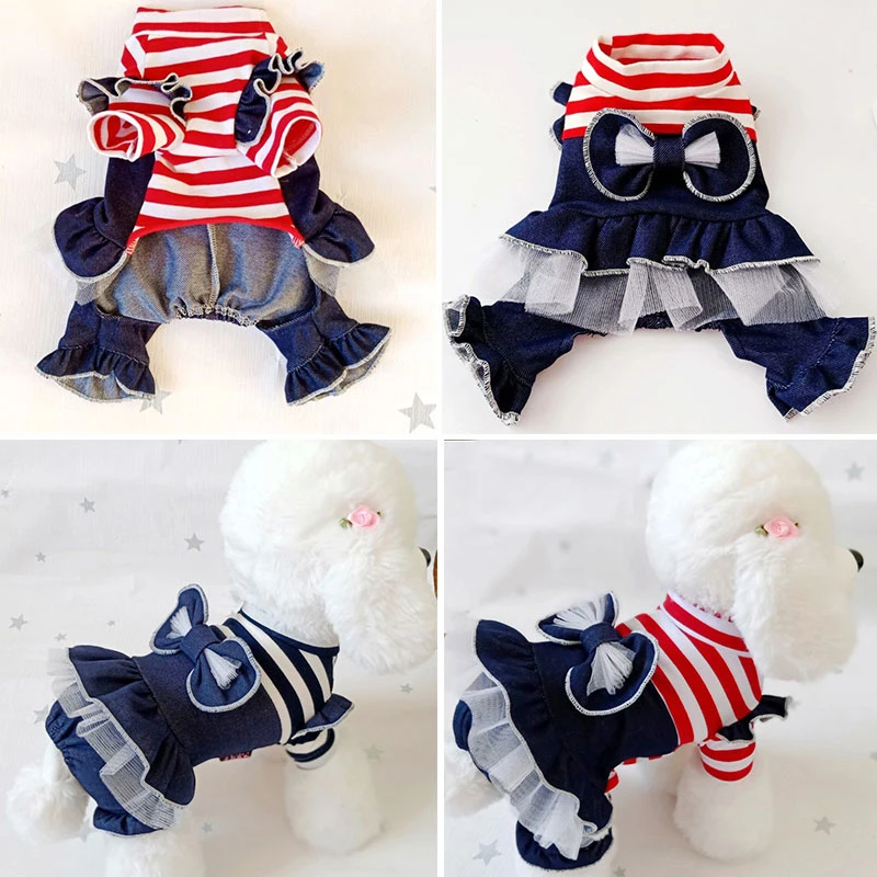 

Lace Bow Pet Dog Rompers Striped Rompers Siamese Culottes Bow Rompers Pet Clothes Sweet Warm Princess Style Dress For Chihuahua