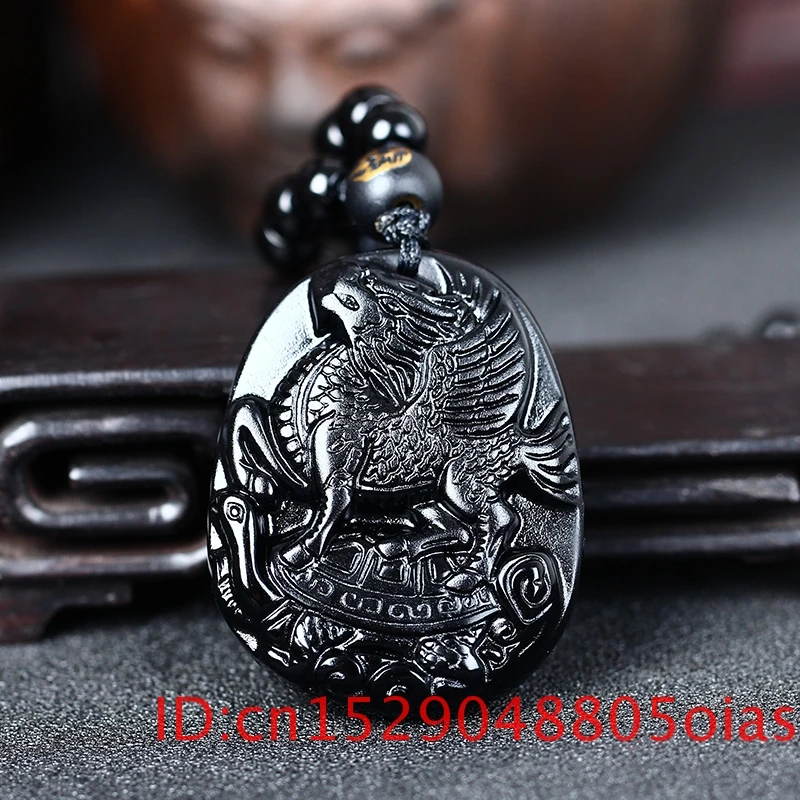 Натуральный черный обсидиан бусы ожерелье ручной работы ДРАКОН лошадь нефрит