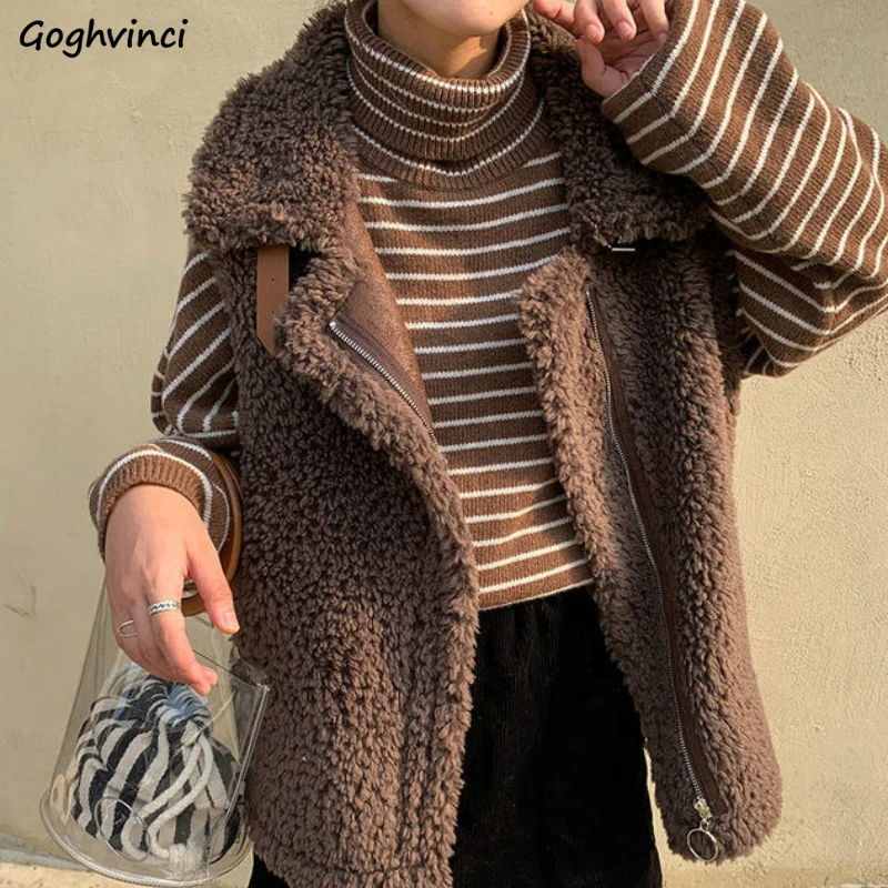 

Women Vest Simple Warm Comfortable Solid Lambswool Sleeveless Loose Waistcoat Zipper Outerwear Leisure Fashion Winter Coats Chic