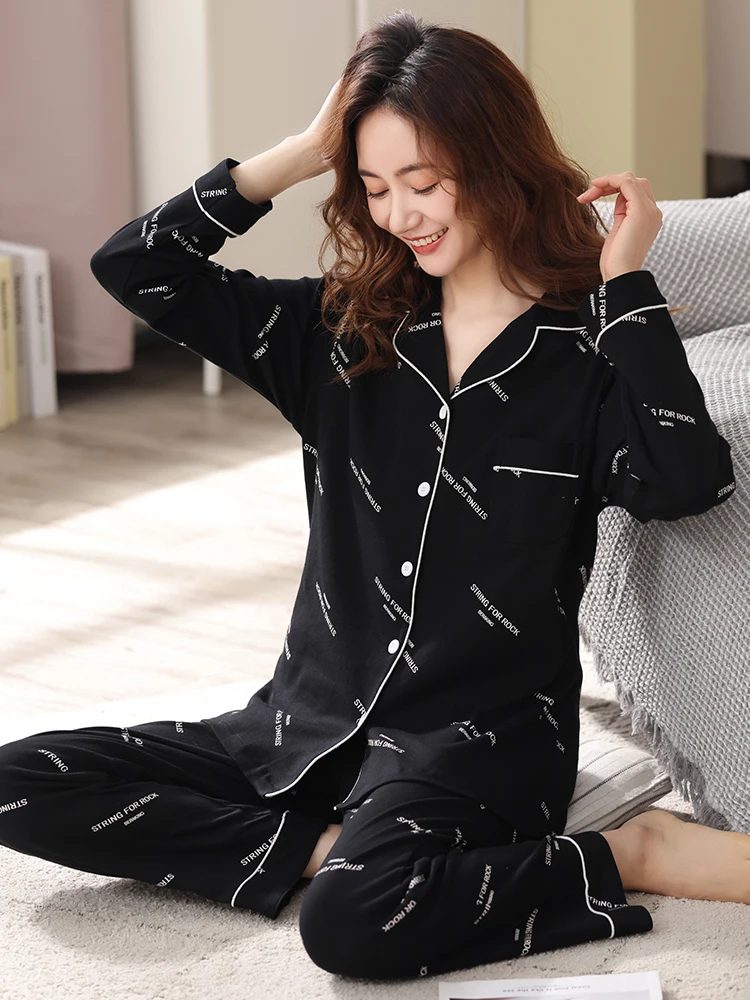 Pure Cotton Pajamas Women Winter Letter Pijama Nightwear Cotton Home Clothes Sleepwear for Ladies PJ Set Soft Black Pyjama Femme