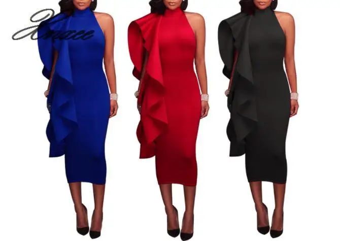 

2020 Autumn Women's Solid Color Women's Ruffled Midi Dress Xnxee