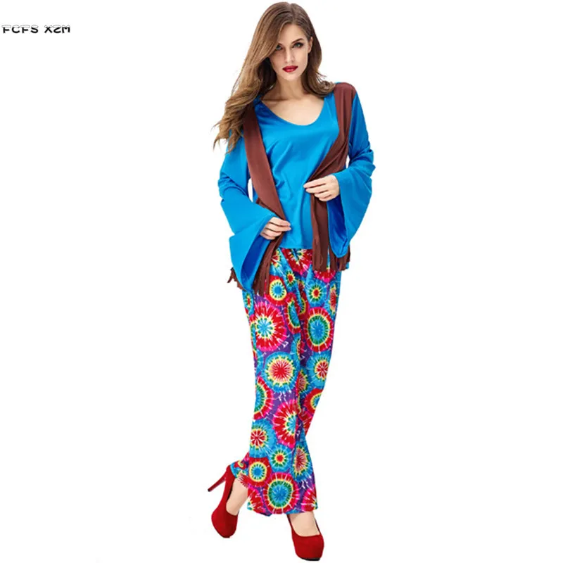 

Unisex Floral Print Adult Halloween Hip hop Singer Costumes Women hippie Cosplay Carnival Purim parade Nightclub Bar party dress