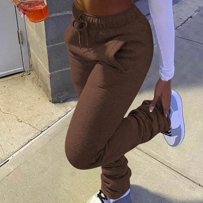 Fall Winter New Stacked Sweatpants Women Thick Stretchy Pockets Plus Size Casual High Waist Jogger Pants Sexy Leggings | Женская одежда