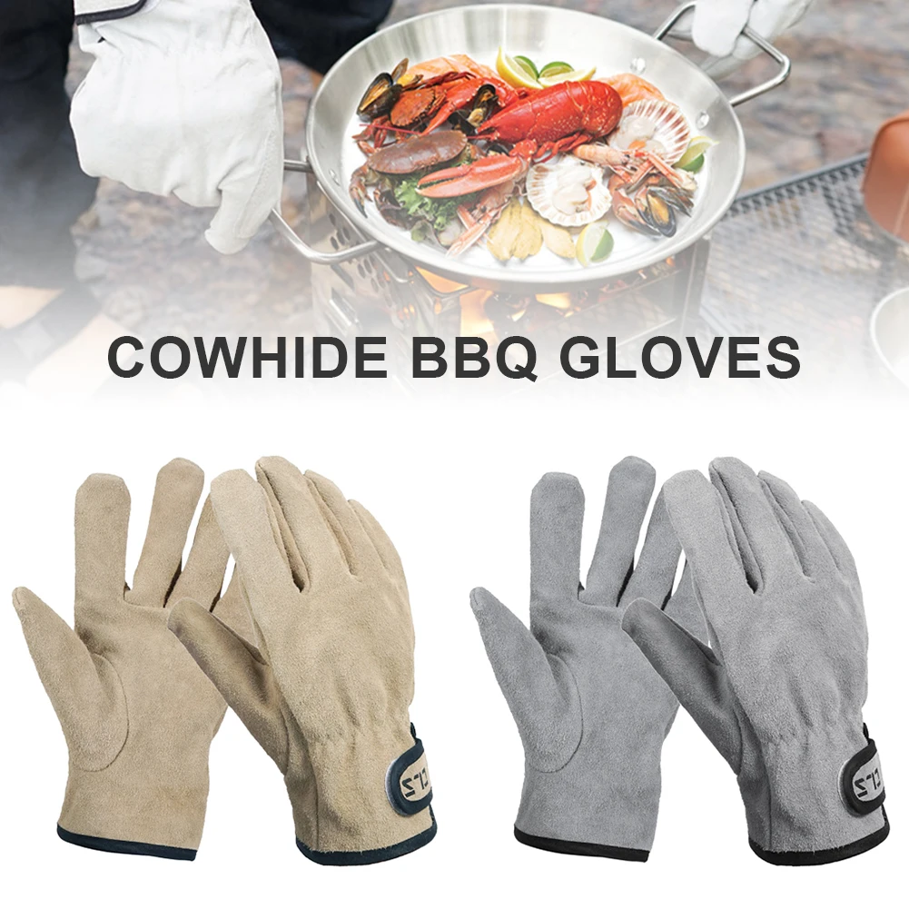 

Outdoor Camping BBQ Gloves Cowhide Leather Gloves Heat Fire Resistant Mittens Warm Gloves For Baking Forge BBQ Oven Fireplace