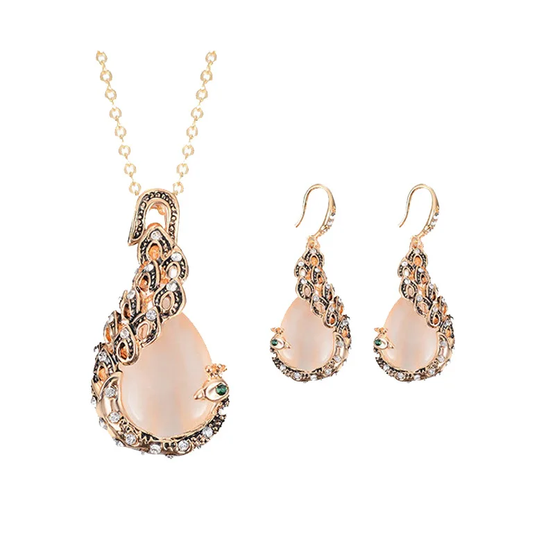 

GU56 Bride jewelry peacock water drop crystal necklace earrings set geometry alloy plating earrings necklace jewelry set
