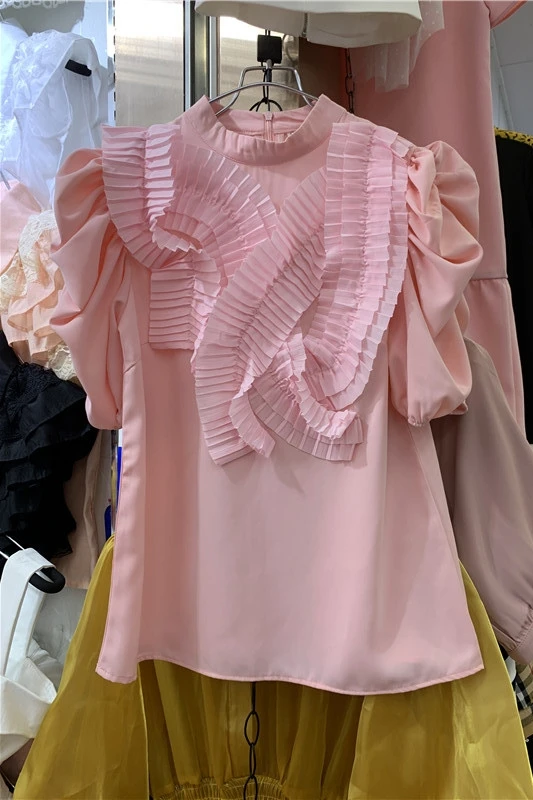 

French Style Retro New Fashion Round Neck Stringy Selvedge Solid Color Shirt Sruffled Puff Sleeves Elegant Blouse for Female