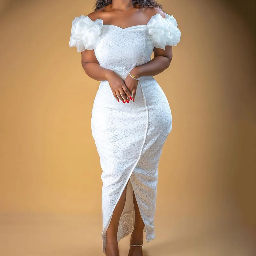 

White Women Dress Sexy Slash Neck Party Night Club Long Maxi Robe Vestiods Summer Mesh Puff Sleeve Female Dress African