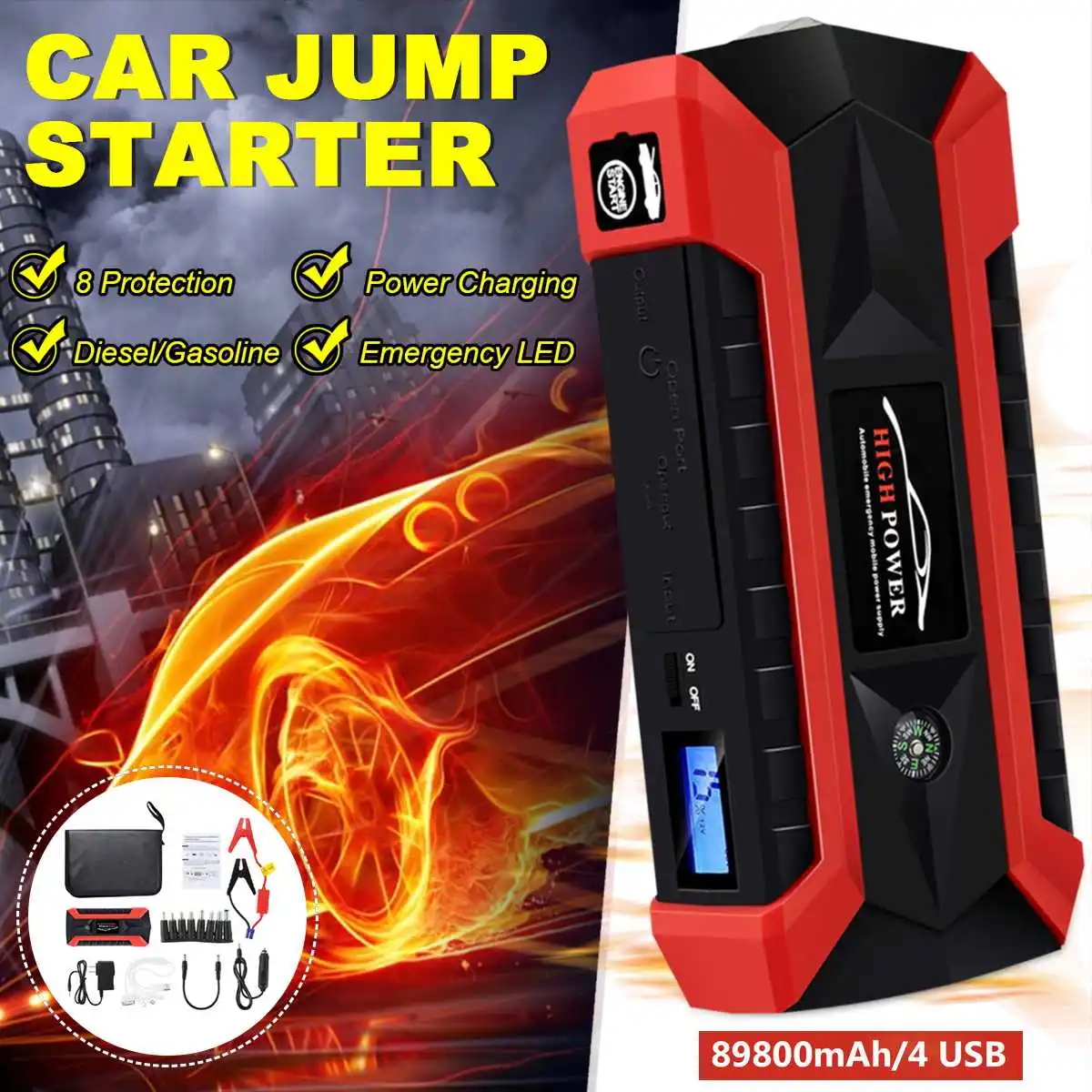 Пусковое устройство для автомобиля 89800 мАч 12 В 4USB многофункциональное аварийное