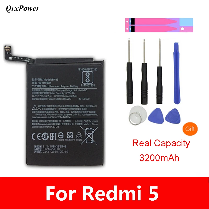 Аккумулятор мобильного телефона BN35 для Xiaomi Redmi 5, реальная емкость, 3200 мАч, сменный литий-ионный аккумулятор+ инструмент