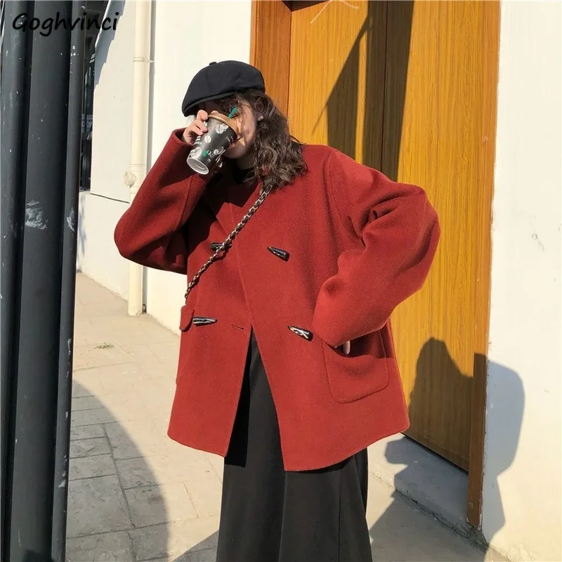 

Women Short Wool Blends Horn Button Loose College Little Guy Thicker Jackets Hot Sale Ulzzang Full Sleeve All-match Outwear Coat