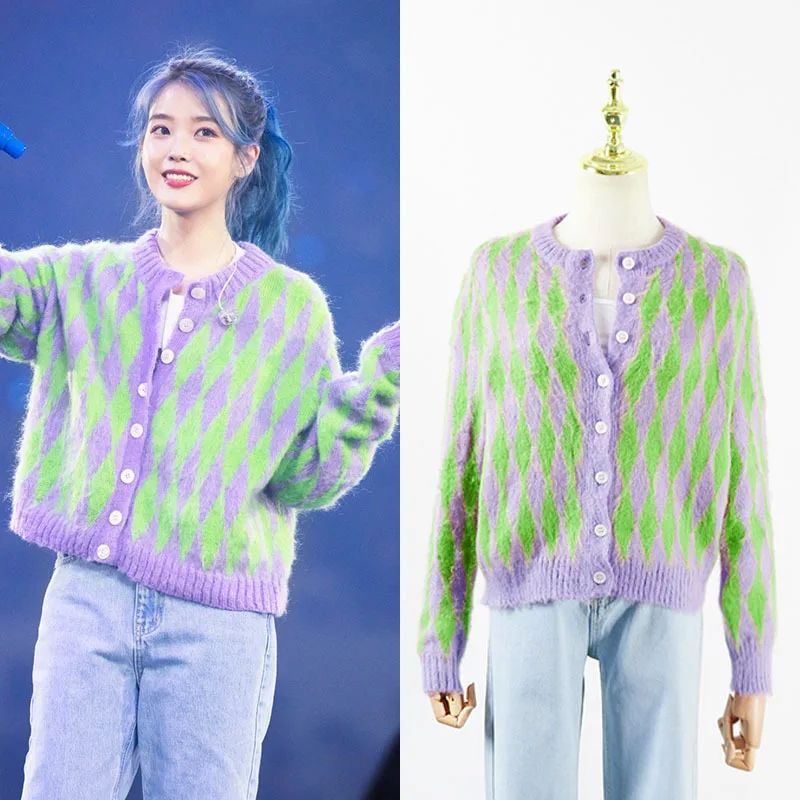 

kpop IU Lee Ji Eun same splice color long-sleeve cardigan knitted sweater women autumn warm mohair Buttons sweaters lady clothes