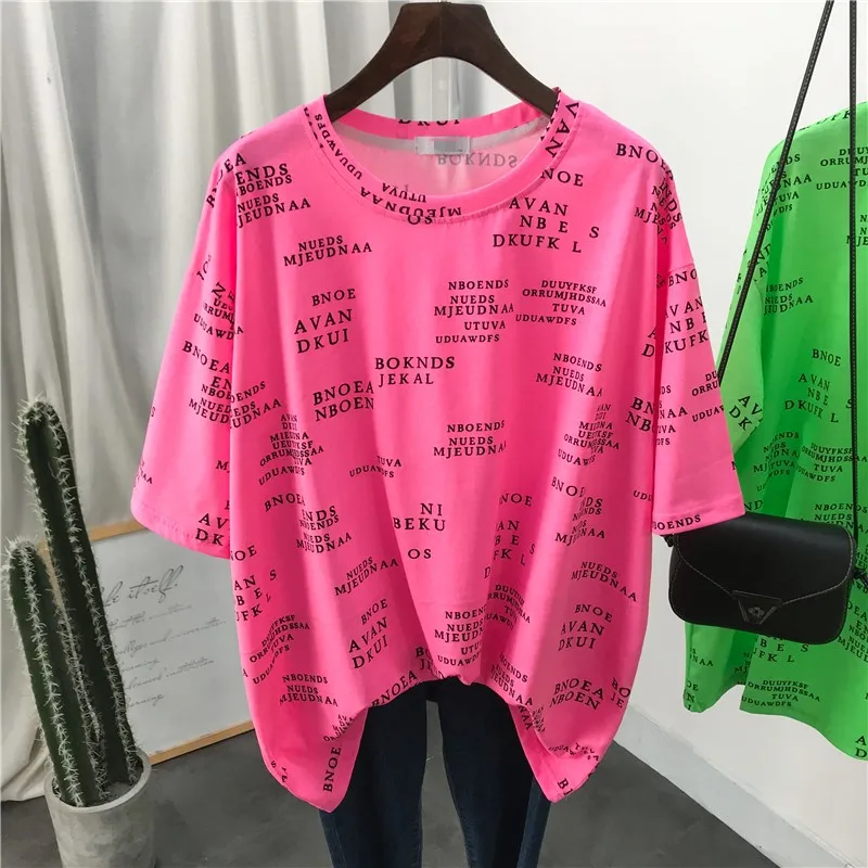 Letter Streetwear Tee Top Women Summer 2020 New Short Sleeve Fluorescent T Shirt Female Lazy Loose Casual T-shirt Young Lady | Женская