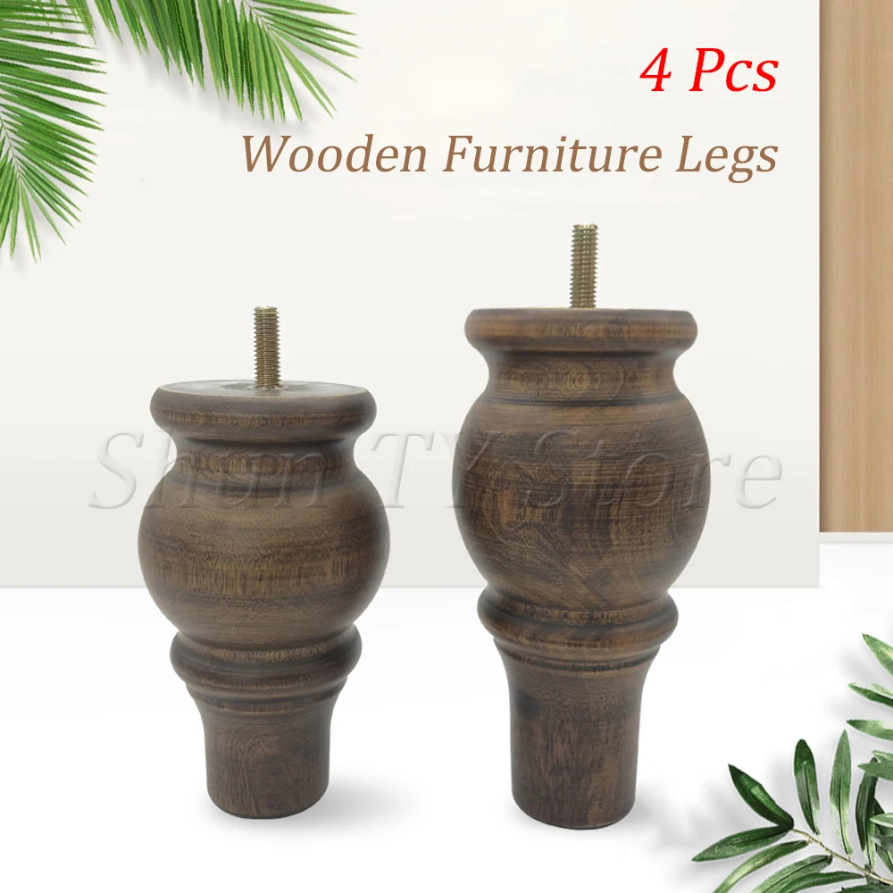 

4 Pcs Wooden Round Gourd Furniture Legs with M8 Thread Stem, Solid Wood Furniture Sofa Legs For Dresser Cabinet, with Screws