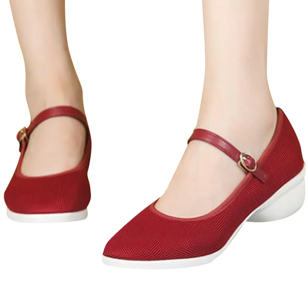 

Women's Casual Shoes Mesh Mid Heel Square Heel Buckle Strap Round Toe Air Mesh Female Authentic Trend Womens Shoes Flats