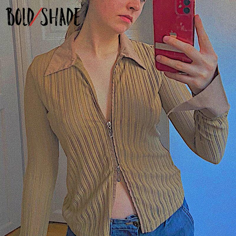 

Bold Shade Zipper Turn-down Collar T Shirts Soft Girl Style Indie Patchwork Tee Shirt Long Sleeve Bodycon Sexy Solid T-shirts