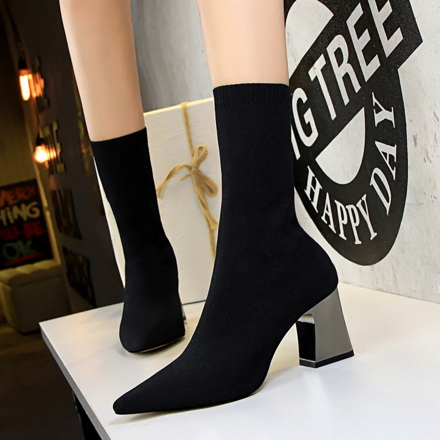 

BIGTREE New Design Women Mid-calf Boots Knitted Stretch Fabric Winter Warm socks Boots Fretwork Heel Pointed Toe Woman Boots