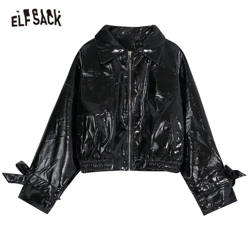 ELFSACK, красные, одноцветные, на молнии, новинка, гранж, женские кожаные куртки, осень, бант, рукав, локомотив, повседневная, офисная, женская верхняя одежда