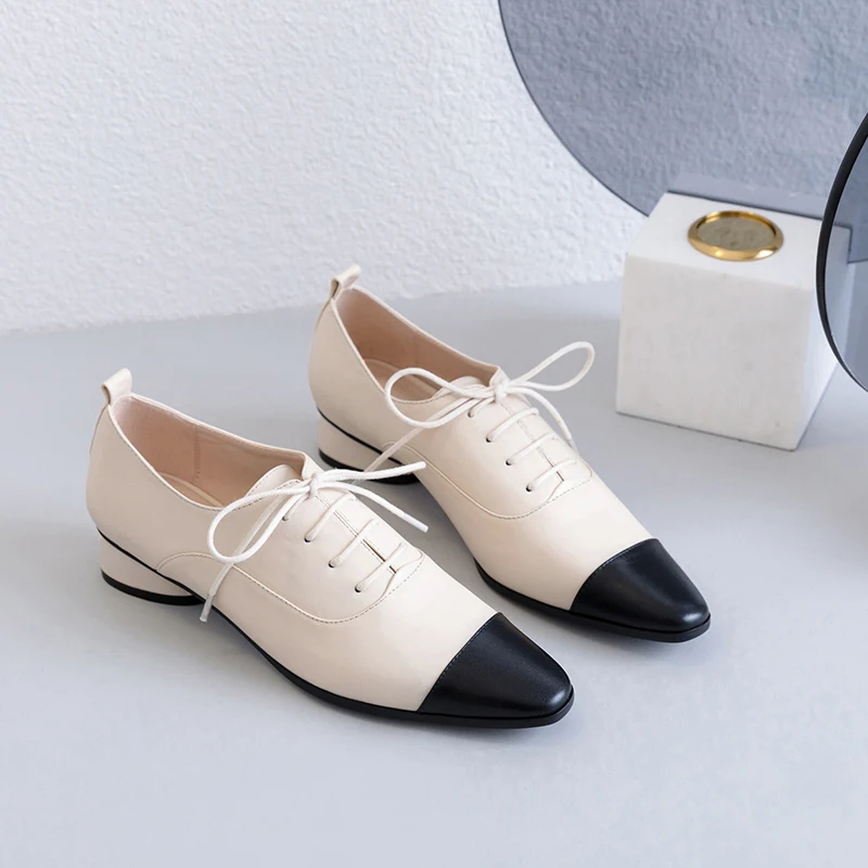 women pumps Natural leather 22-24.5cm Colorblock English Leather Shoes Inside and outside full womens shoes pointed toe | Обувь
