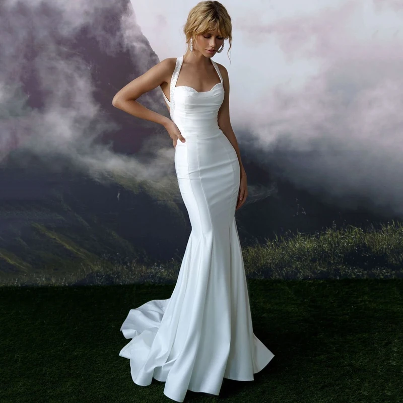 

Женское свадебное платье в пол, с лямкой на шее и блестками