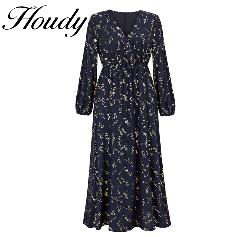 

2021 Spring and Autumn New Temperament Printed Large Size Chiffon Dress Slim and Thin Dark Blue Party Straight Sleeve Dress