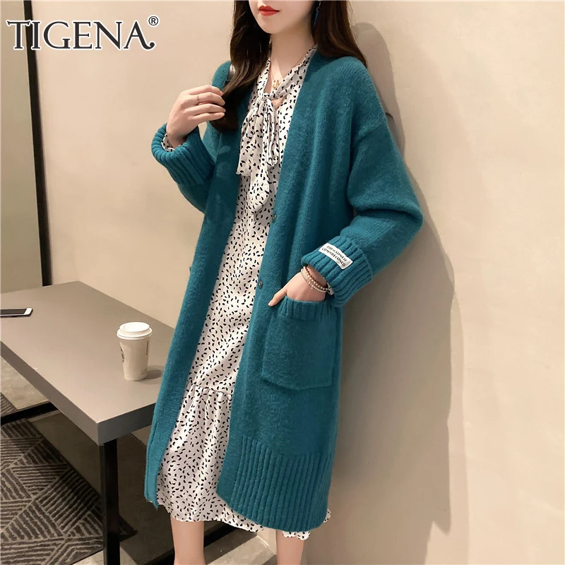 

TIGENA Women Long Cardigan Sweater 2021 Autumn Winter Korean Casual Loose Long Sleeve Knitted Jacket Coat Female Knitwear Green