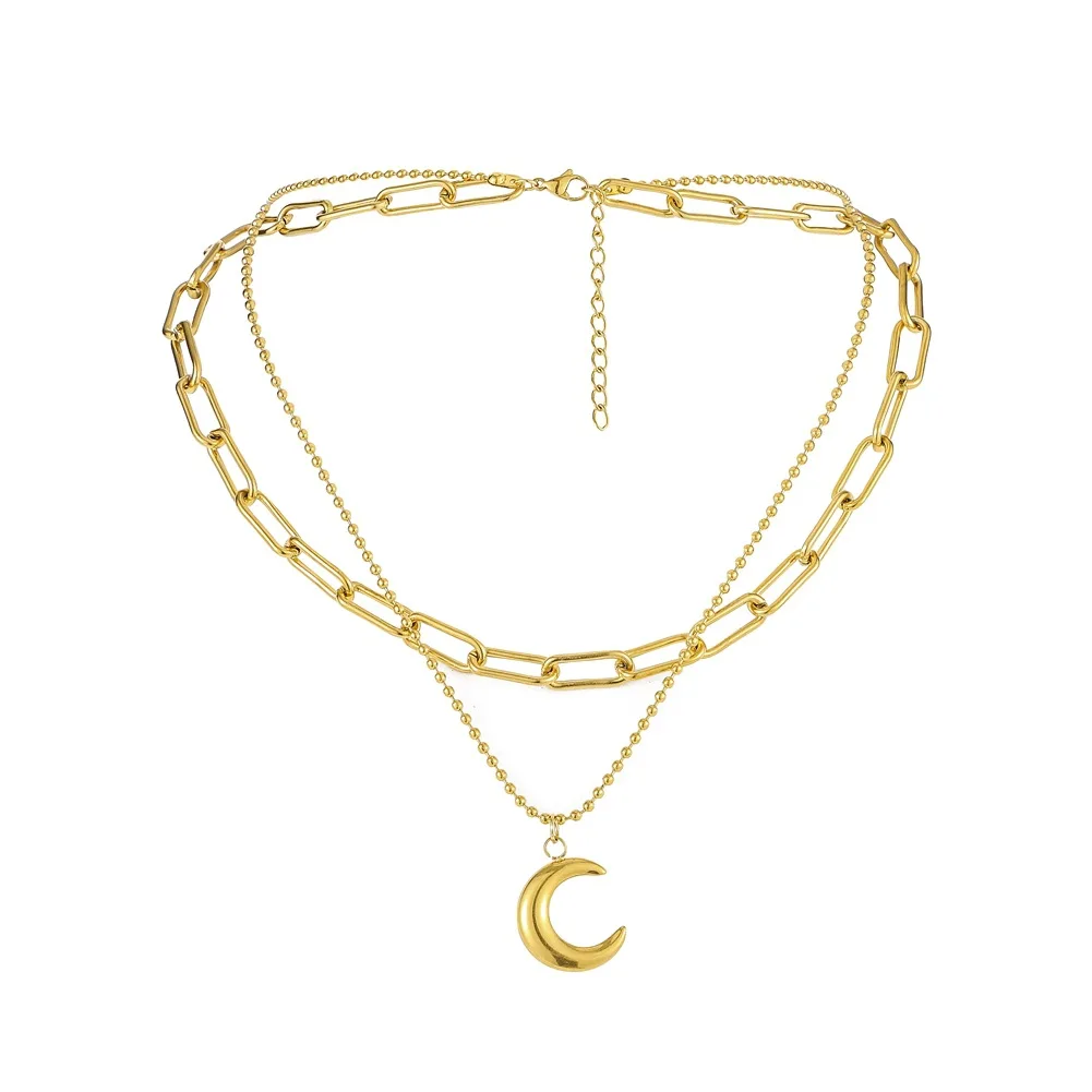 

Moon Pendant Multistory Necklace Creative Round Bead Chain Titanium Steel Metal Choker Jewely Accessories Gift For Women Men
