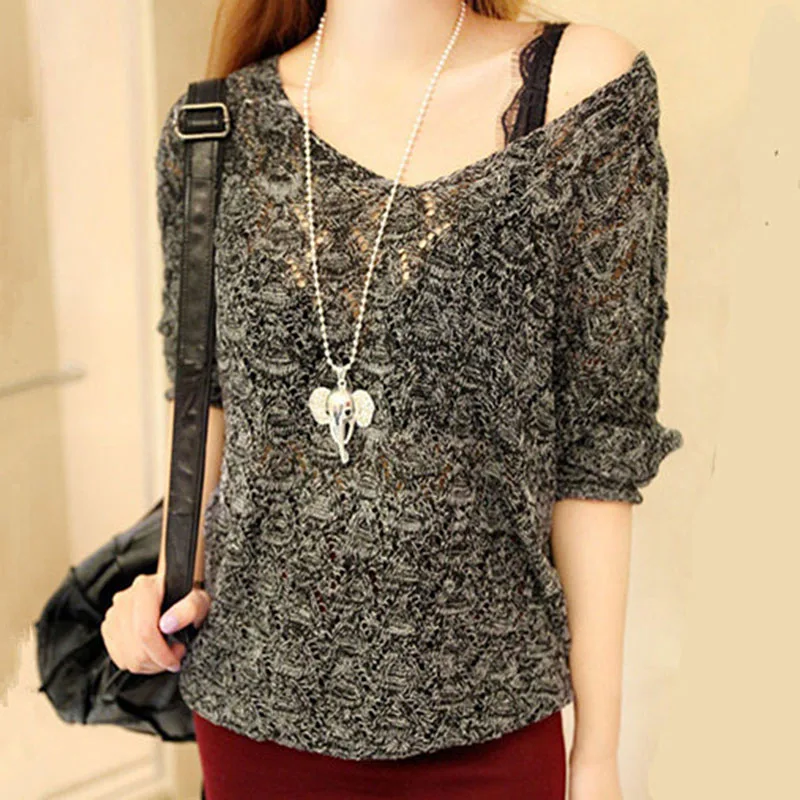 

New Autumn Sweater Women Pullovers Casual Tops V-Neck Loose Batwing Sleeve Hollow Out Thin Knitted Sweater Female Jersey Mujer