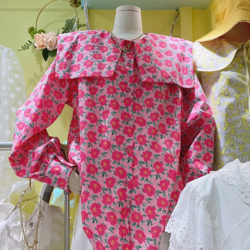 

Elegant Female New Sweet Long Sleeve Blosue Spring Printed Floral Sailor Collar Loose Doll Shirt All-matching Regular Gentle Top