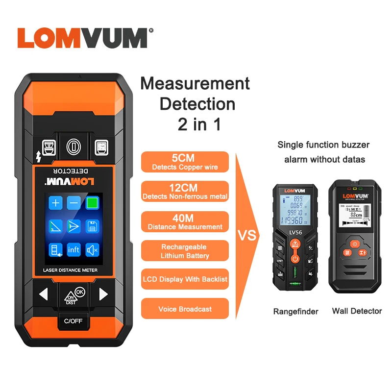 LOMVUM настенный металлоискатель USB зарядка детектор электропроводки 40 м дальность