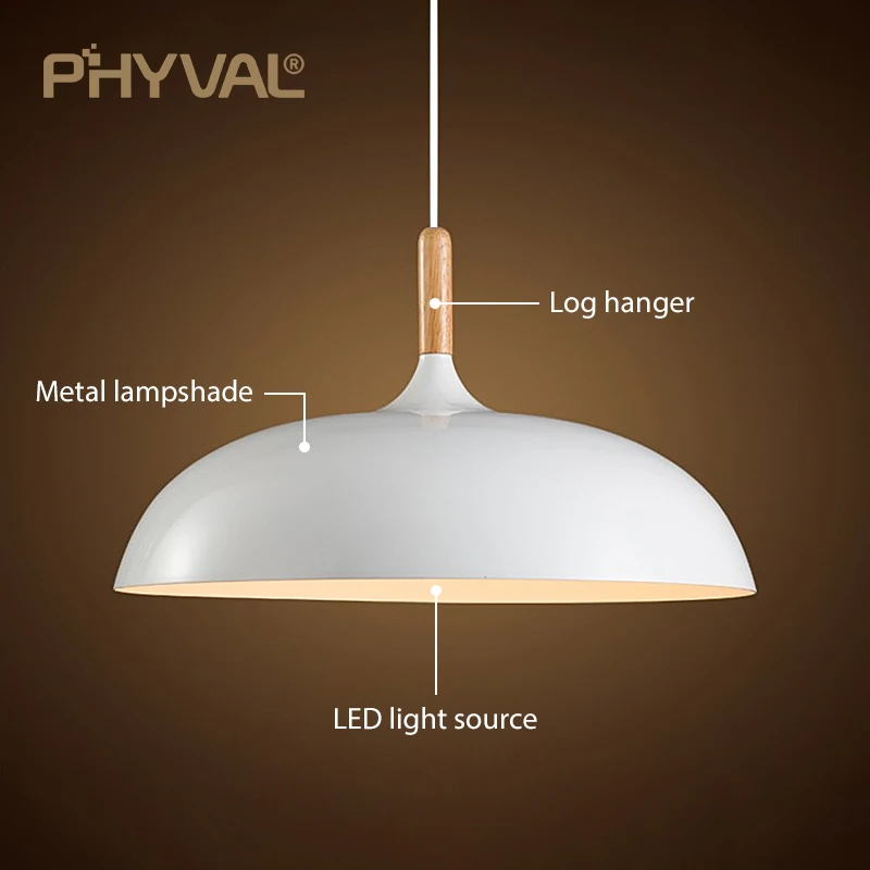 

Pendant Light 35cm diameter Matte aluminum lampshade 10cm iron base Solid wood accessories 1.2 m suspension line E27 lamp holder