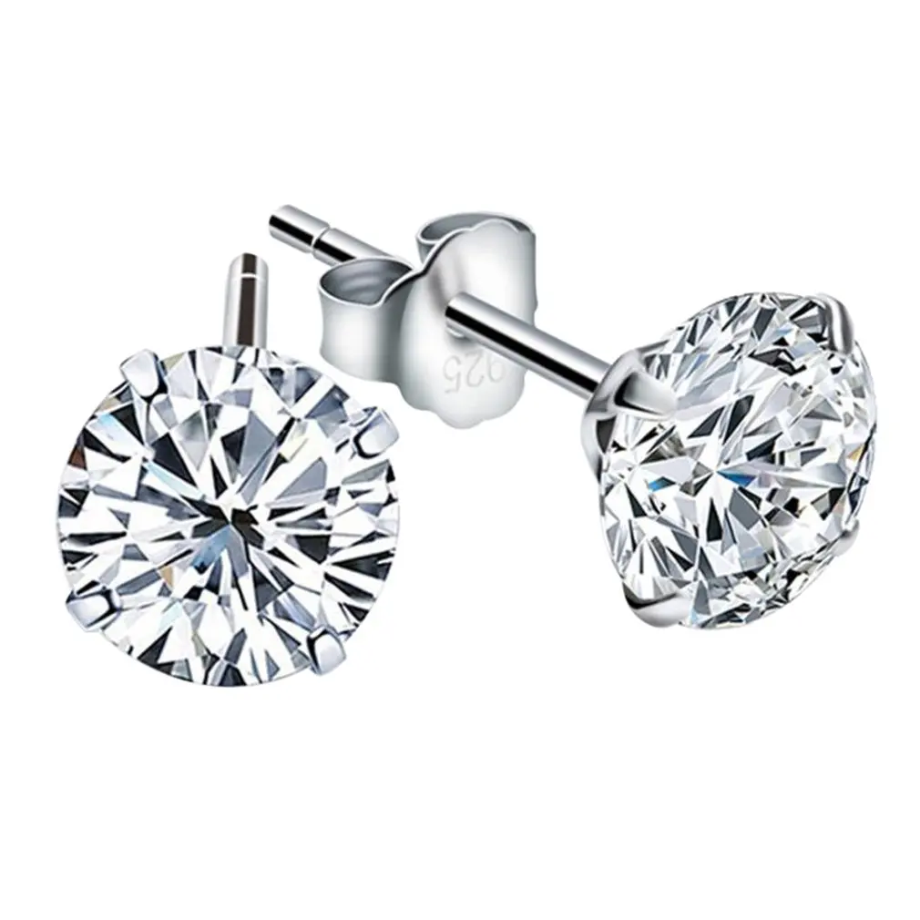 

925 Sterling Silver Stud Earrings For Women Four Prong Sona Stone Birthday Gift Jewelry Female Stud Earrings