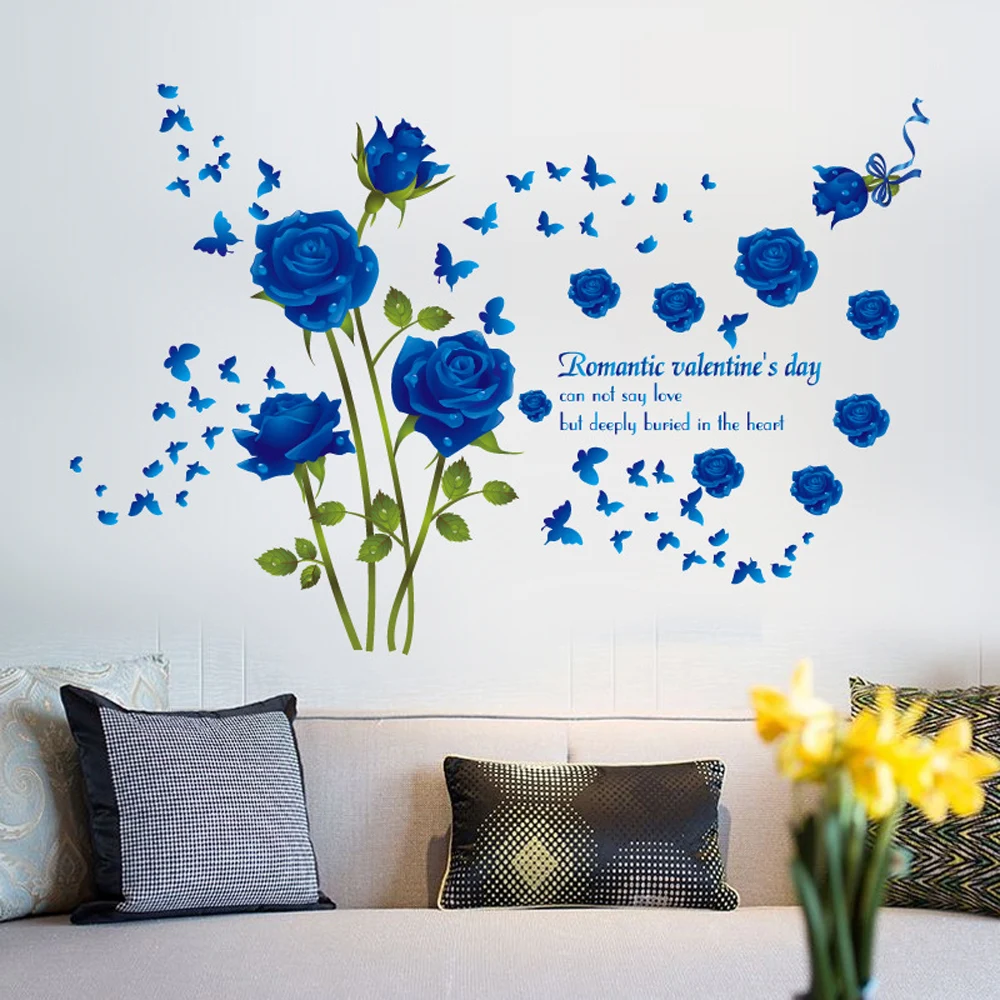 

1pc Blue Rose Flowers Sofa TV Background Wall Stickers Home Decoration DIY Bedroom Living Room Mural Art Decals Poster Sticker