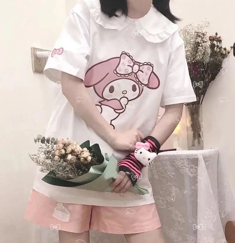 

Summer Japanese Short-sleeved Cartoon Print Cute Girl T-shirt Pink Doll Collar Loose Soft Girl Sweet T-shirt Female Student Tide