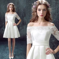 free shipping 2015 new design boat neck half sleeve brides short knee length custom white appliques a line bridesmaid dresses
