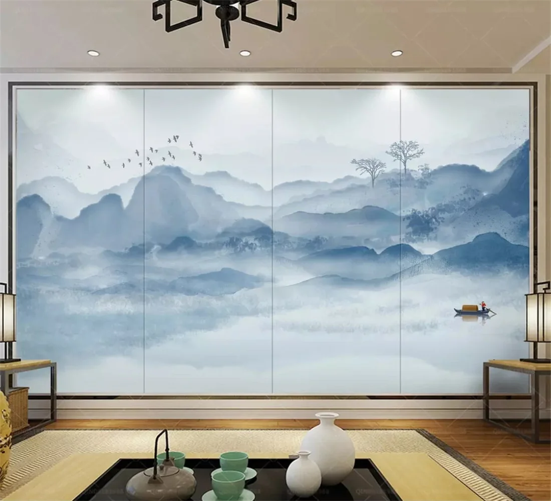Индивидуальные фотообои летающая птица новые китайские чернила пейзаж Синий