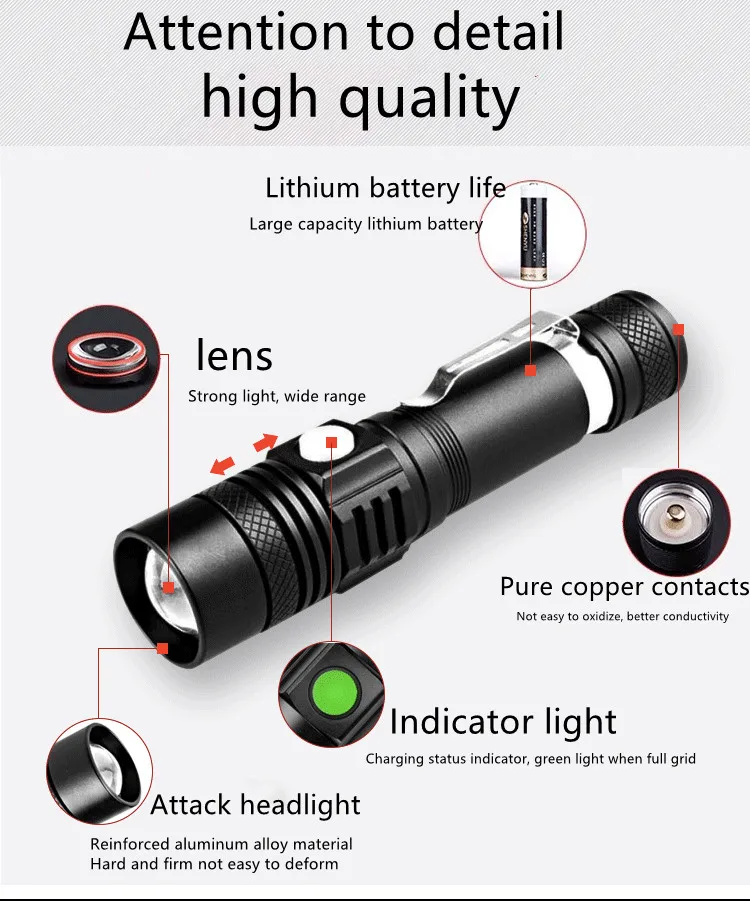 

T6 LED Lamp Beads Super Bright flashlight Outdoor USB Rechargeable Waterproof Multi-Function Mini Zoom Lighting Glare flashlight