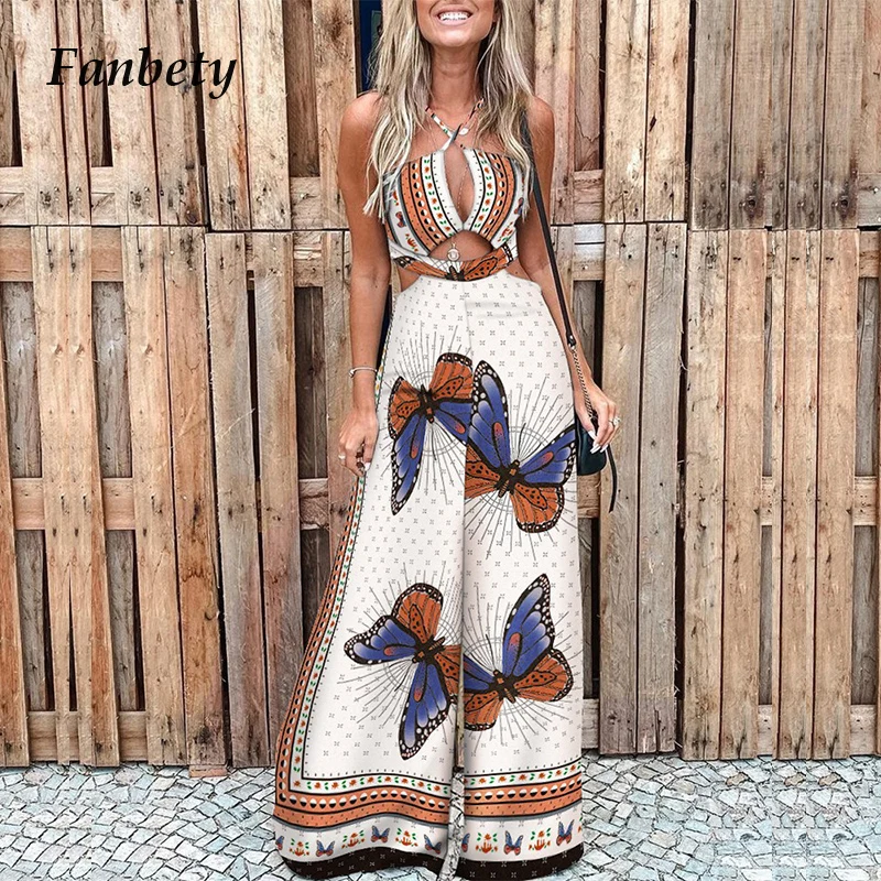 

Женский комбинезон без рукавов, элегантный комбинезон с принтом листьев, с вырезами, Летний комбинезон с широкими штанинами, комбинезон на ...