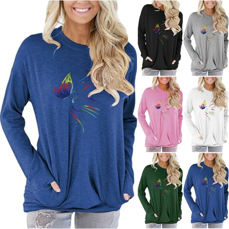 

Women Printed Winter Long Sleeve Crew Neck T-Shirt Baggy Casual Pocket Blouse Top