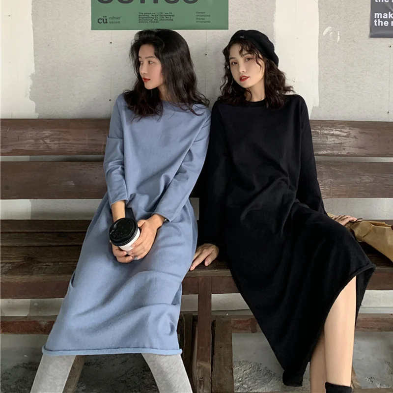 

Knitted Dress Women's Autumn Winter Retro Style Long Sleeve Sweater Dress round Neck Loose Slim Looking Base Dress