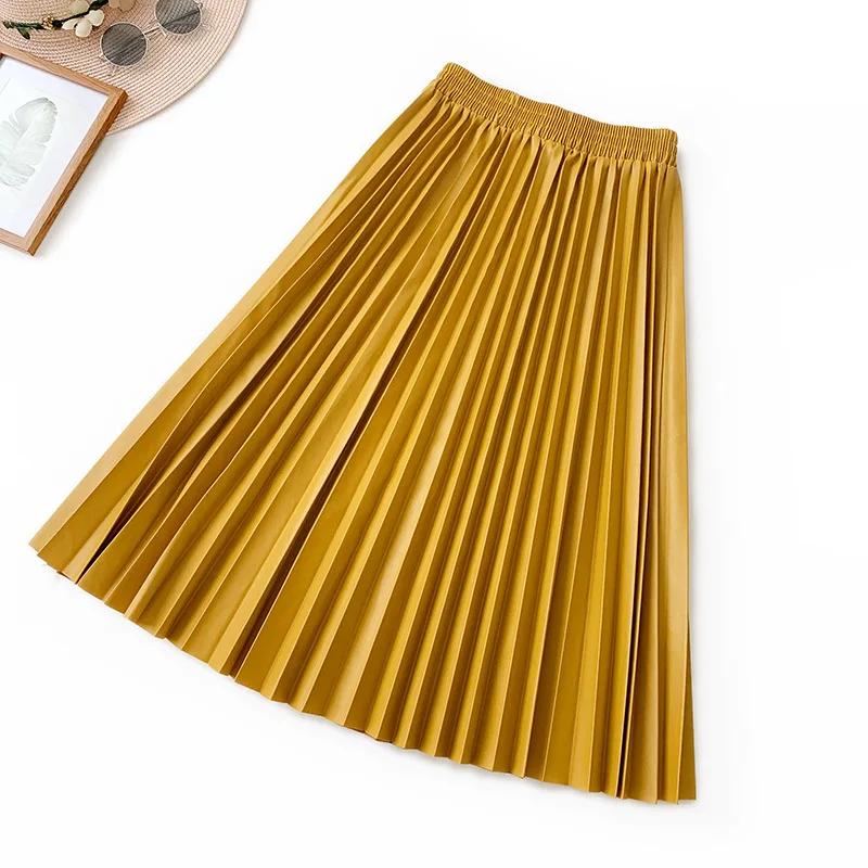 

New winter organ plait vintage PU leather skirt tall waist pleated skirts long bitter fleabane bitter fleabane skirt word