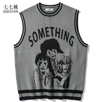 college knitted vest sweaters men women street hip hop casual band cartoons anime pattern o neck sleeveless sweaters tops 2021